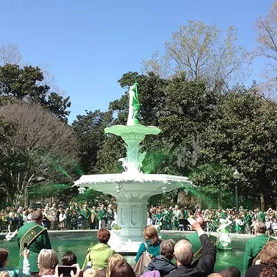 Image: Fountain is officially green, people