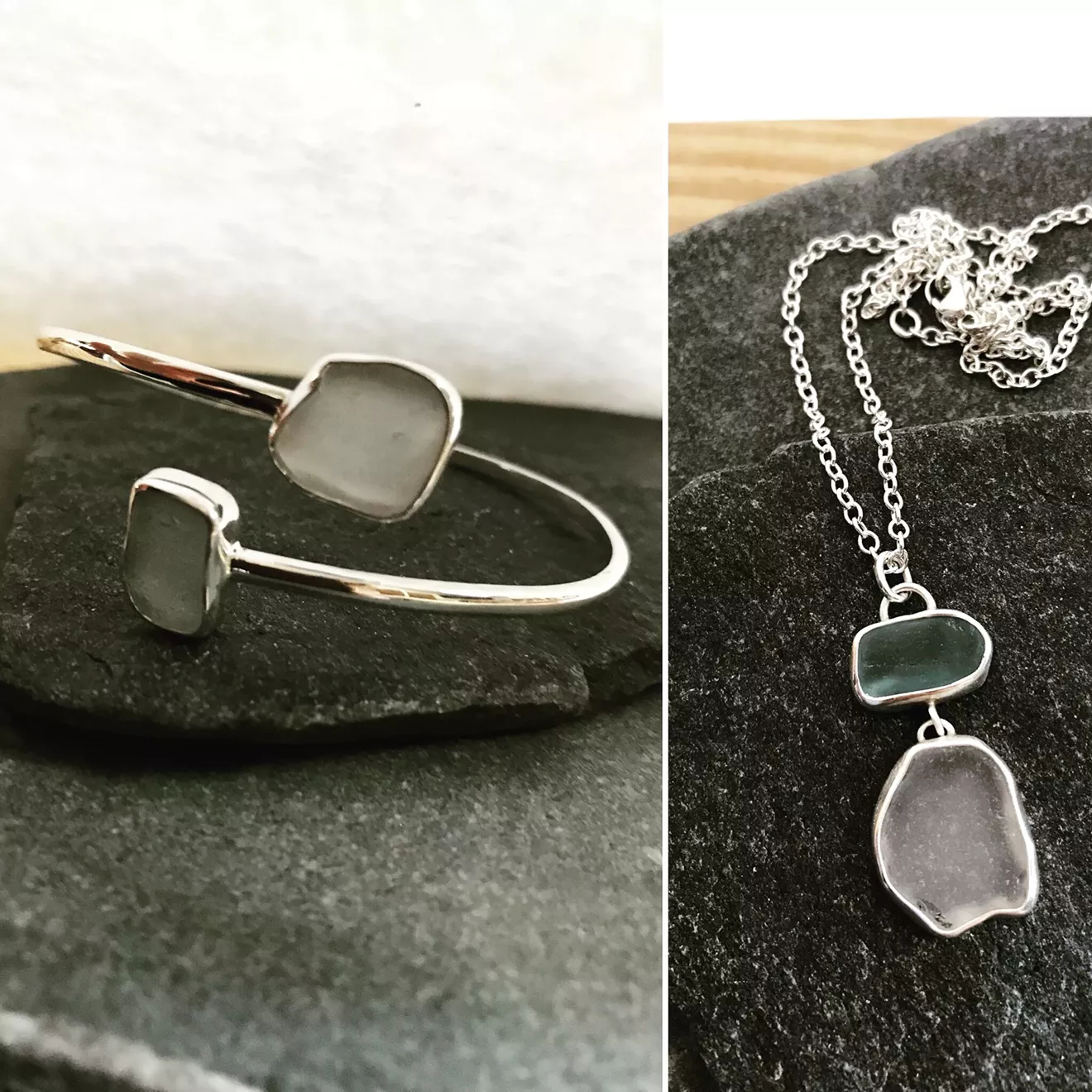 Bezel set glass pieces.