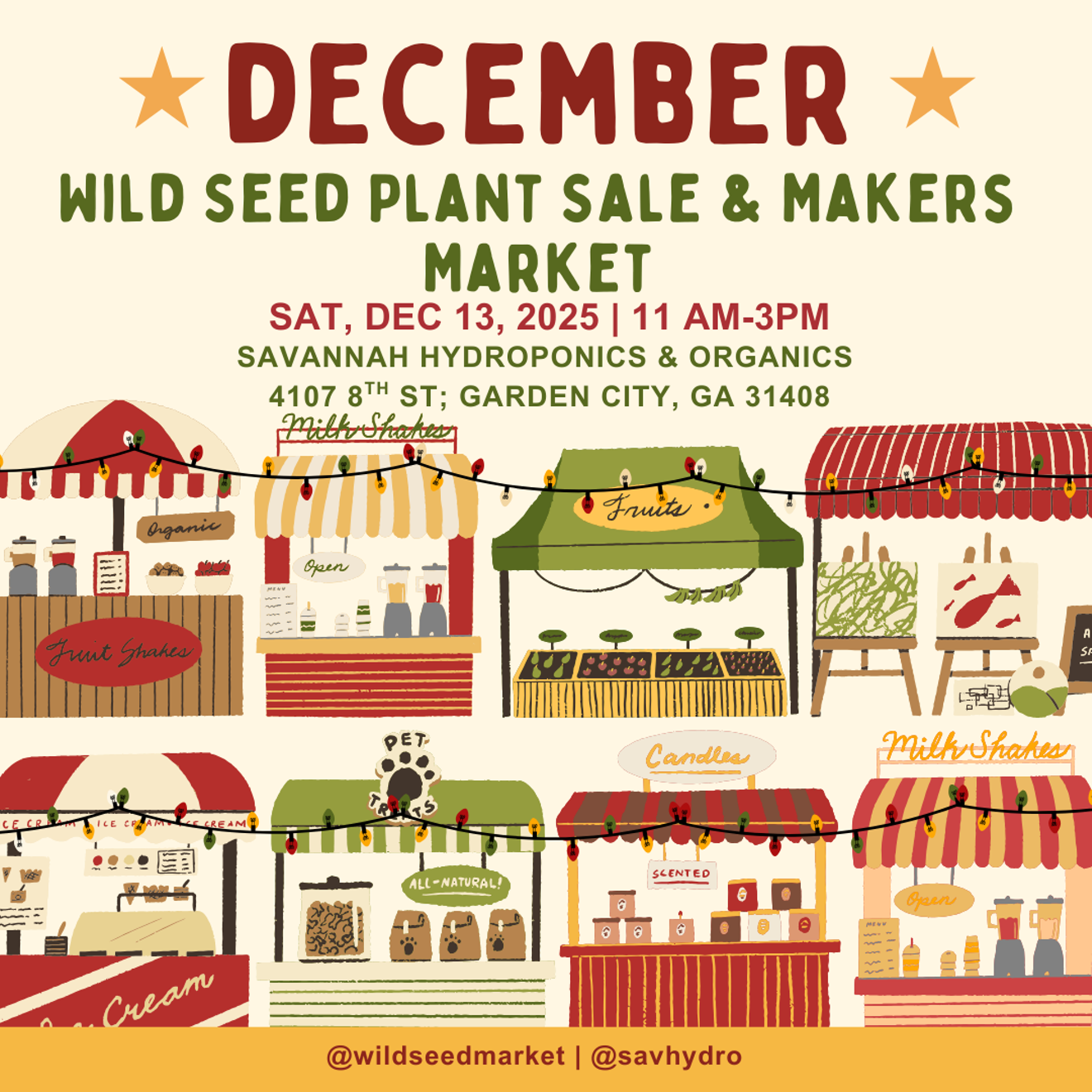 Wild Seed Plant Sale & Makers Market on Sat. Dec 13, 2025, 11AM&ndash;3PM at Savannah Hydroponics & Organics in Garden City, GA. Colorful vendor booths and string lights line the bottom. Social handles @wildseedmarket and @savhydro appear at the bottom.