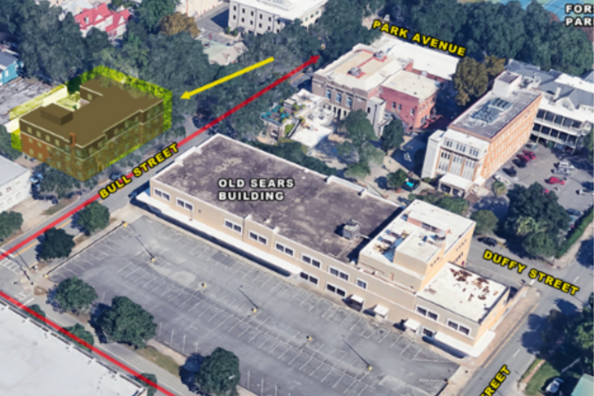 While no such plans have been submitted, the survey includes an image with a yellow highlighted rendering of what a proposed “small hotel” could look like west of the old Sears building south on Bull Street south of Forsyth Park.