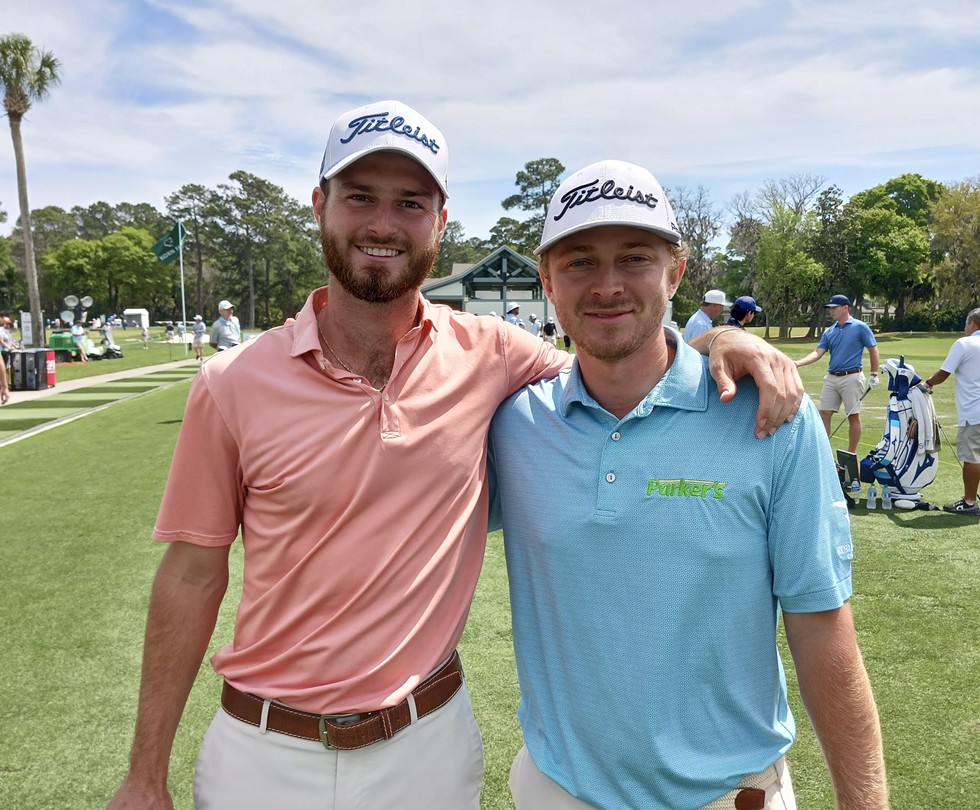 Former Georgia Southern golfers Mason Williams (left) and Ben Carr (right) at the Deer Creek driving range in The Landings on Tuesday, April 2.