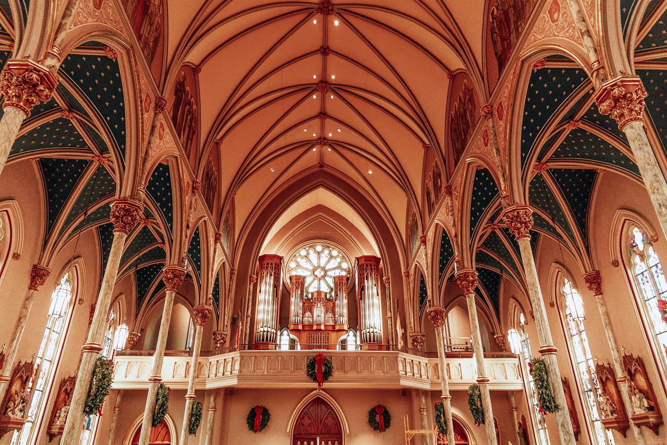 The interior of Savannah's Cathedral Basilica of St. John the Baptist, decorated for Christmas.
