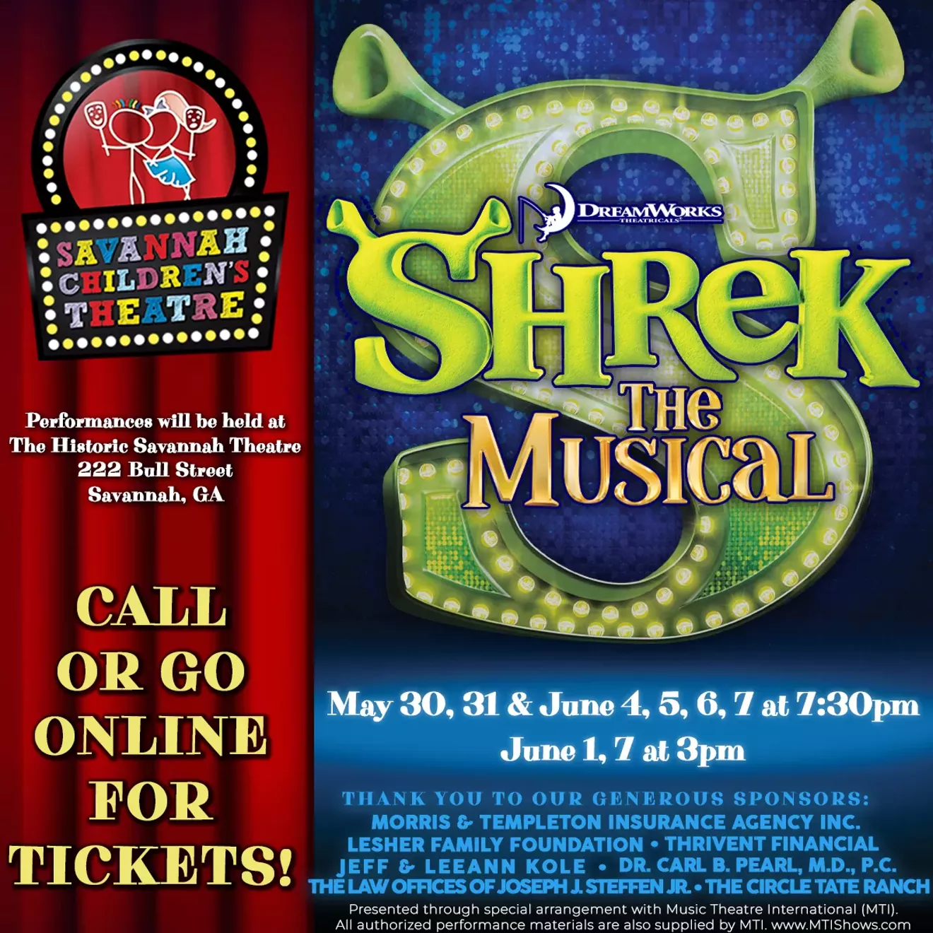 Shrek the Musical, live at Savannah Theatre May 30-June 7