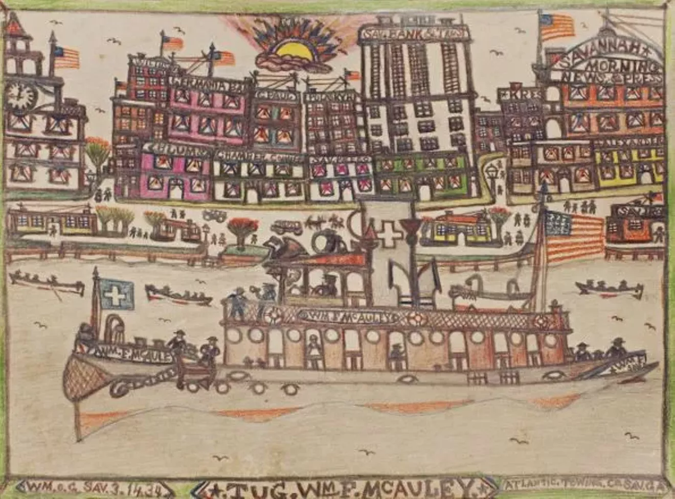 William O. Golding (American 1874-1943), Tug William F. McAuley, Atlantic Towing Co., Sav, GA, 1934 Pencil and crayon on paper, 9 x 12 in., Telfair Museums, Museum purchase, 2009.23